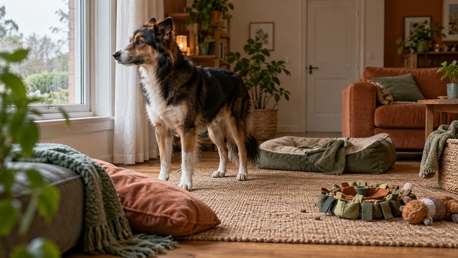 Perro de pie junto a su cama, un cojín desplazado y un juguete de olfato en un salón