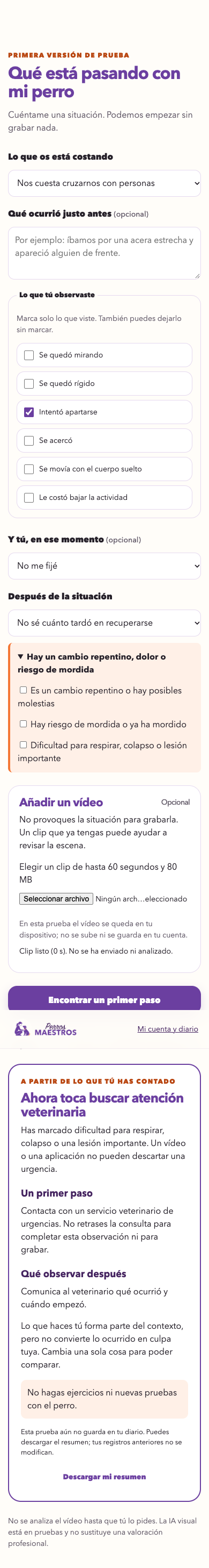 Pantalla real de la aplicación ¿Qué me dice? para registrar el contexto y las señales de un perro