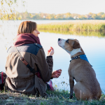 Joven mujer y su perro compartiendo un momento de conexión en la orilla de un lago tranquilo.