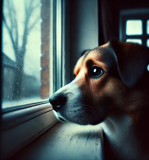 Perro mostrando signos de ansiedad por separación, esperando a su dueño