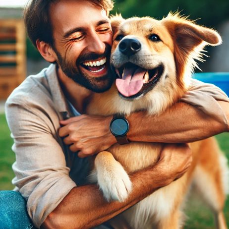 Un perro y su dueño disfrutando de un momento feliz juntos en el parque. El dueño está arrodillado, abrazando al perro mientras ambos sonríen, mostrando claramente la alegría y la conexión entre ellos. El fondo muestra un parque verde y soleado, resaltando la calidez y el ambiente alegre de la escena.